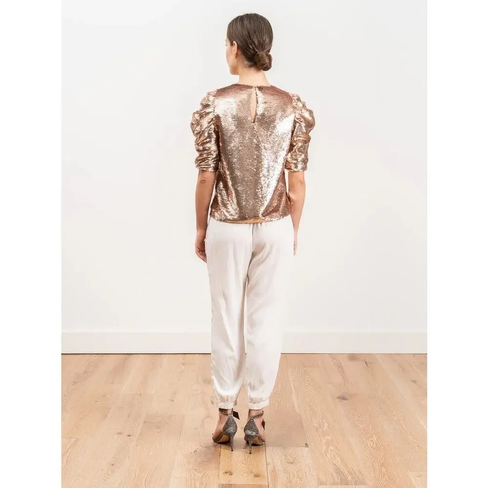 Ulla Johnson Rae Sequin Blouse Size 2 Rose Gold Puff Sleeve Party Top Metallic